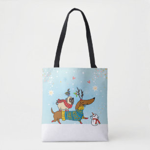 Dachshund, Pug, & Bird Holiday Tote Bag