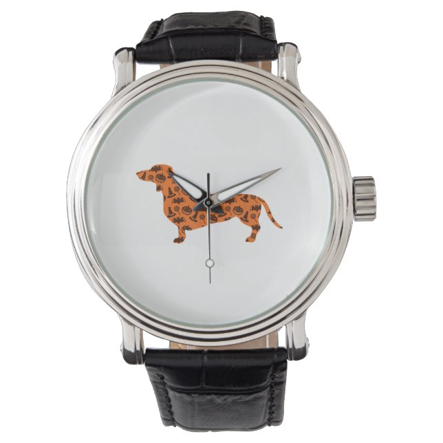 Dachshund Pumpkin Witch Bat Funny Spooky Halloween Watch (Front)