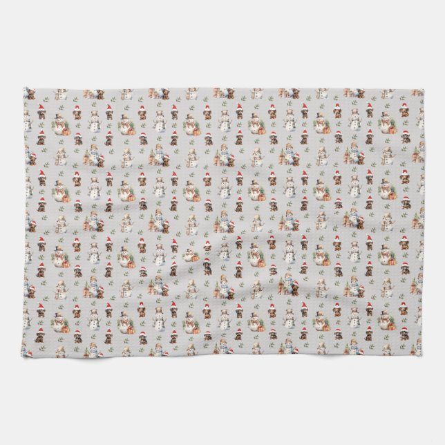 Dachshund Puppies: Santa Hats, Holly, and Snowmen Tea Towel (Horizontal)