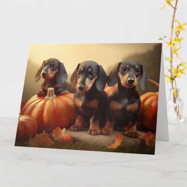 Dachshund Puppy Autumn Delight Pumpkin Card (Yellow Flower)