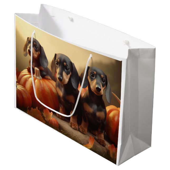 Dachshund Puppy Autumn Delight Pumpkin Large Gift Bag (Front Angled)
