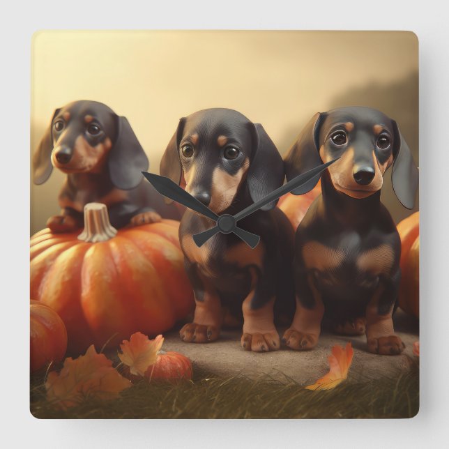 Dachshund Puppy Autumn Delight Pumpkin Square Wall Clock (Front)
