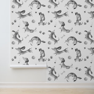 Dachshund Puppy Dog Paw Prints Bee Black White Wallpaper