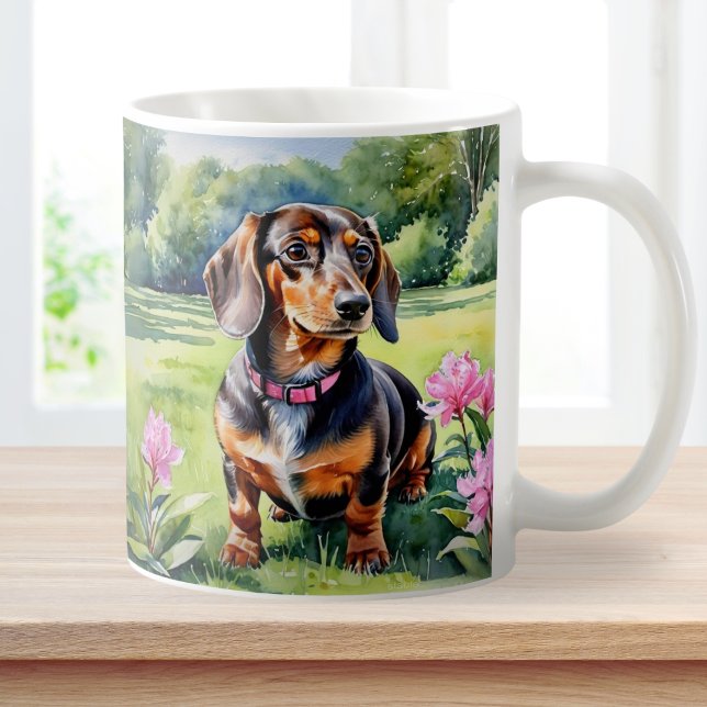 Dachshund Puppy Sausage Dog Cute Doxie Watercolor  Coffee Mug (A pretty coffee mug, illustrated on both sides with a cute dachshund puppy in a watercolor style)