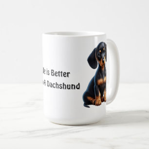 Dachshund Puppy Sitting and Looking with Innocent Coffee Mug