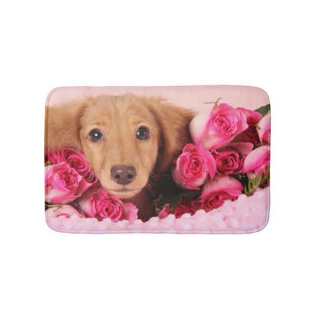 Dachshund Puppy Surrounded by Roses Bath Mat (Front)