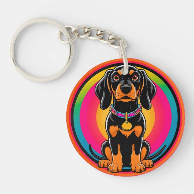 Dachshund Puppy Surrounded by Vibrant Rainbow Key Ring (Front)