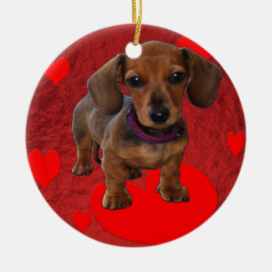 DACHSHUND Puppy with Hearts Ceramic Tree Decoration