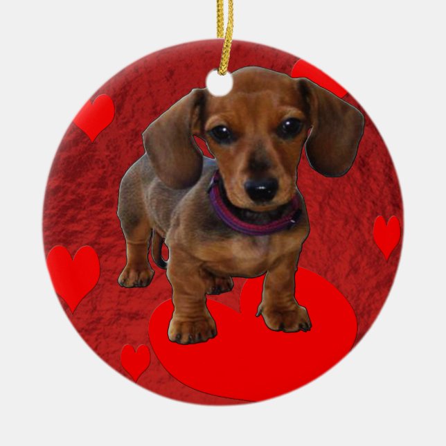 DACHSHUND Puppy with Hearts Ceramic Tree Decoration (Front)