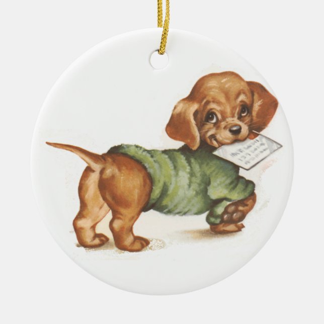 Dachshund puppy with letter ceramic tree decoration (Front)