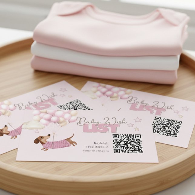 Dachshund QR Code Baby Registry Website Pink Enclosure Card (Dachshund Teenie Weenie QR Code Card - Girl Baby Shower stationery.)