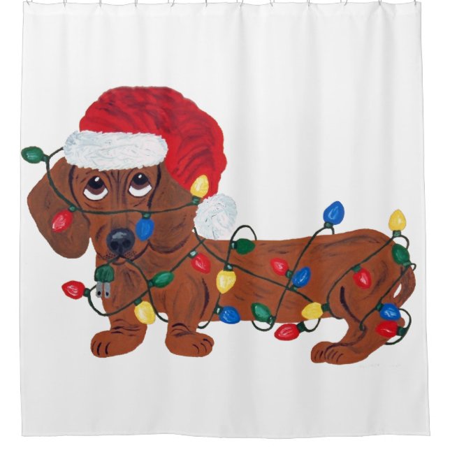 Dachshund (Red) Tangled In Christmas Lights Shower Curtain (Front)