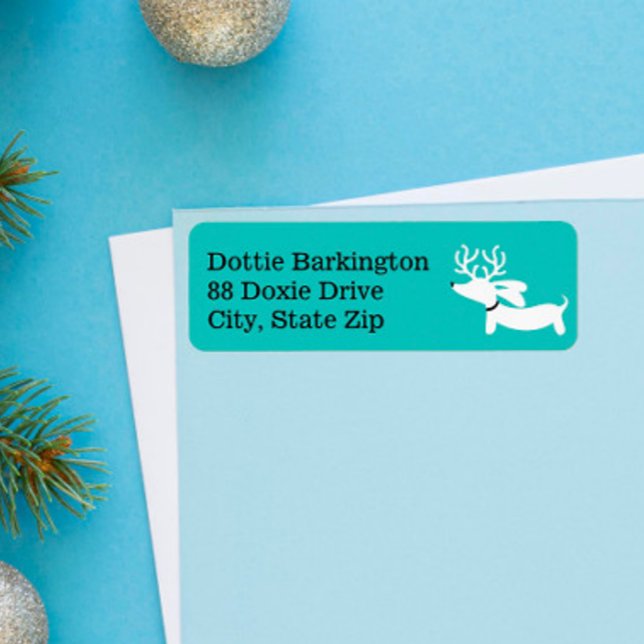 Dachshund Reindeer Blue Christmas Address Labels (Dachshund Christmas Card Address Labels)