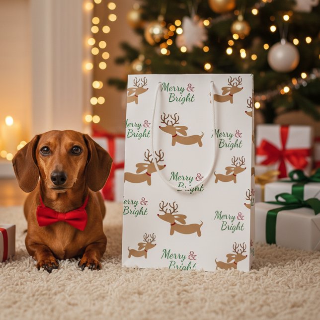 Dachshund Reindeer Christmas Gift Bag Merry Doxie (Wiener dog Christmas gift bag - Merry & Bright)