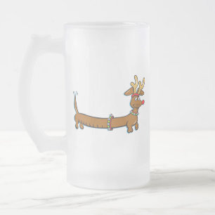 Dachshund Reindeer Frosted Glass Beer Mug