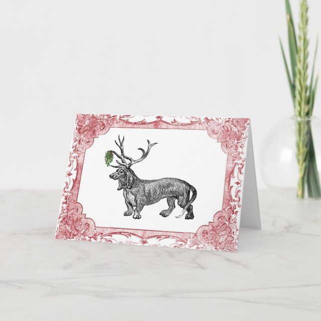 Dachshund Reindeer w/ Mistletoe Vintage Christmas Holiday Card (Front)