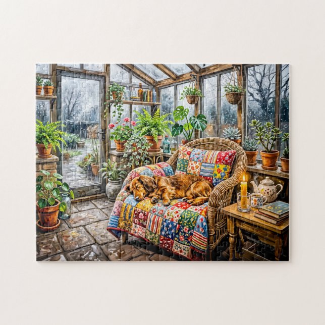 Dachshund Resting on Patchwork Chair Inside Greenh Jigsaw Puzzle (Horizontal)