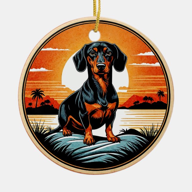 Dachshund Retro Sunset Dog Lover Ceramic Tree Decoration (Front)