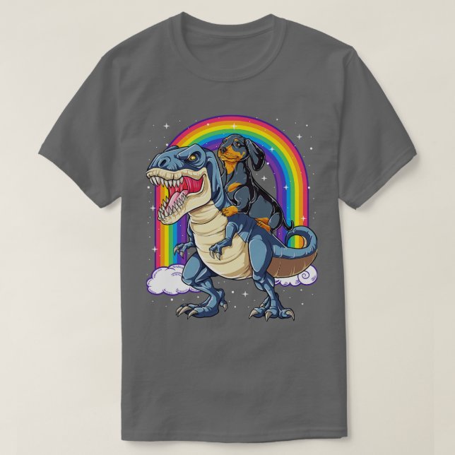Dachshund Riding Dinosaur T rex for Men Women Boys T-Shirt (Design Front)