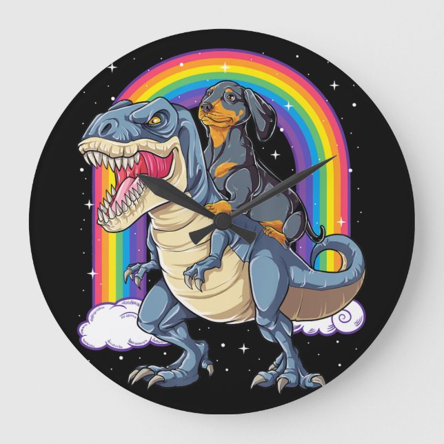 Dachshund Riding Dinosaur T Rex Gifts Boys Kids Me Large Clock (Front)