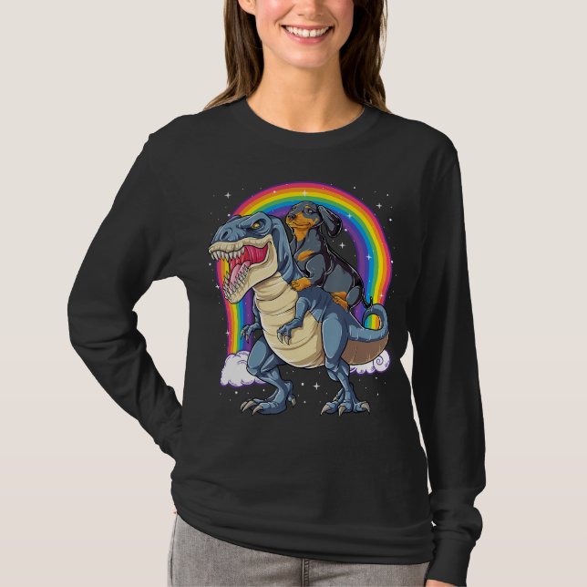 Dachshund Riding Dinosaur T Rex Gifts Boys Kids Me T-Shirt (Front)