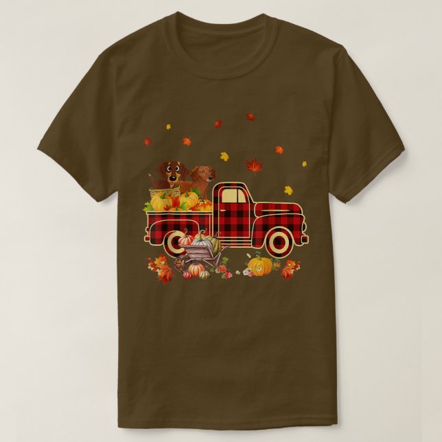 Dachshund Riding Truck Pumpkin Autumn Leaves Fall  T-Shirt (Design Front)