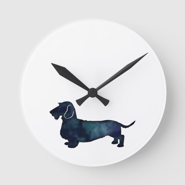 Dachshund Rough Coated Silhouette Watercolor Round Clock (Front)