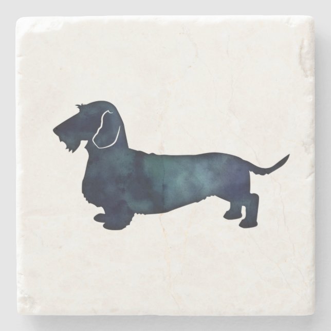 Dachshund Rough Coated Silhouette Watercolor Stone Coaster (Front)