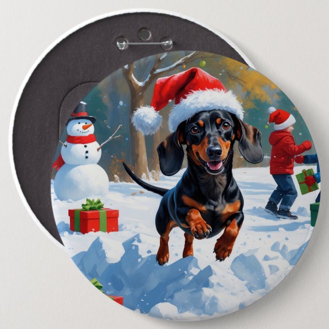 Dachshund Running in Snow with Christmas Hat 6 Cm Round Badge (Front & Back)