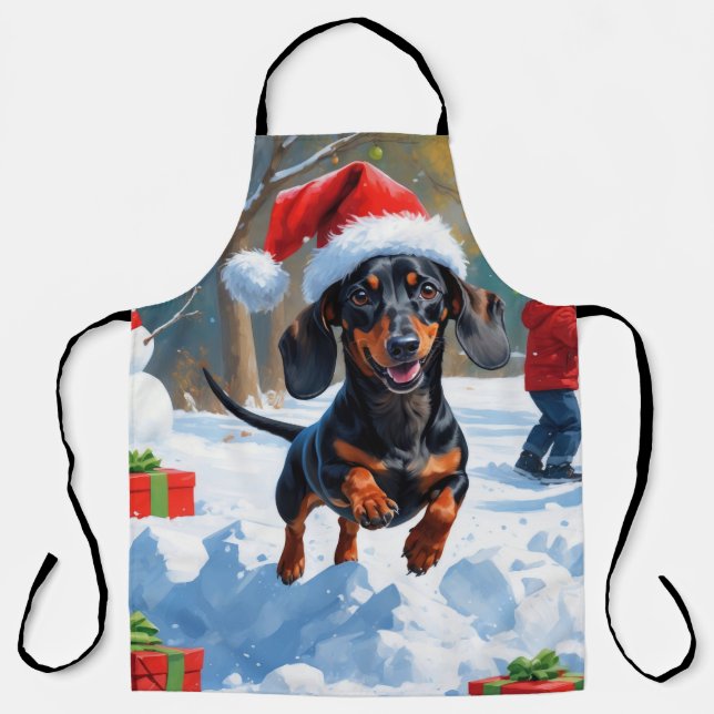 Dachshund Running in Snow with Christmas Hat Apron (Front)