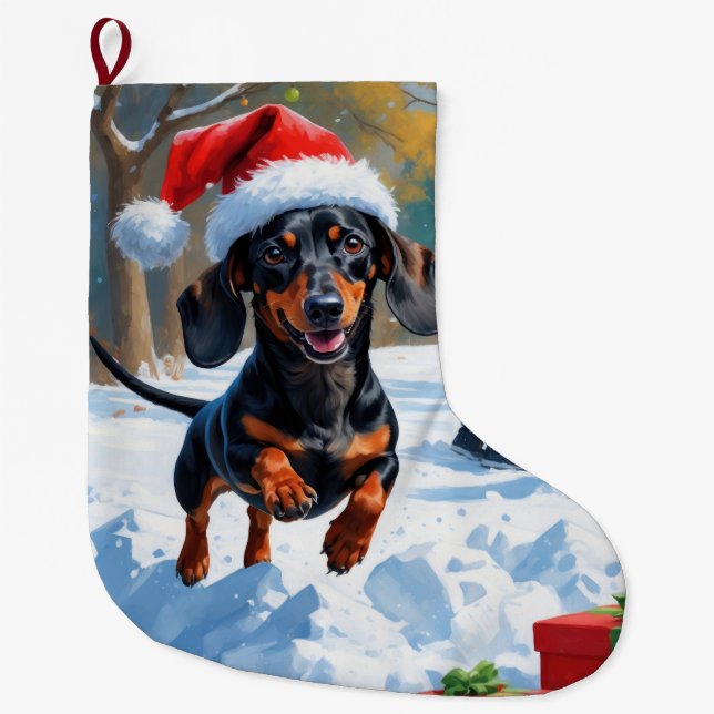 Dachshund Running in Snow with Christmas Hat Large Christmas Stocking (Front)
