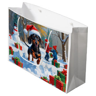 Dachshund Running in Snow with Christmas Hat Large Gift Bag