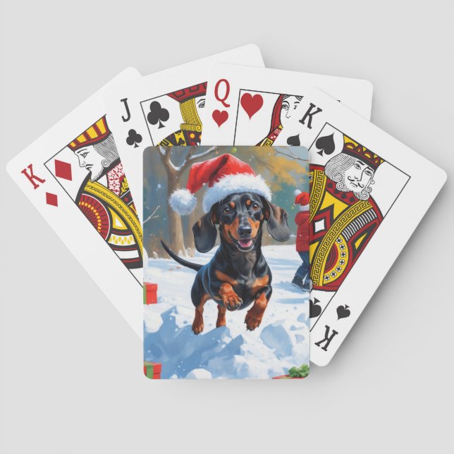 Dachshund Running in Snow with Christmas Hat Playing Cards (Back)