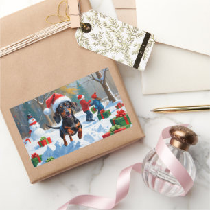 Dachshund Running in Snow with Christmas Hat Rectangular Sticker
