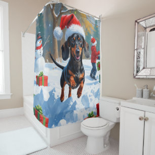 Dachshund Running in Snow with Christmas Hat Shower Curtain