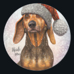 Dachshund, Santa Dog, Personalise,Christmas  Classic Round Sticker<br><div class="desc">Personalise this adorable Dachshund Christmas Stickers</div>
