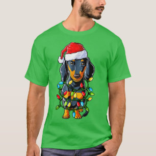 Dachshund Santa Hat Christmas Lights Happy Holiday T-Shirt