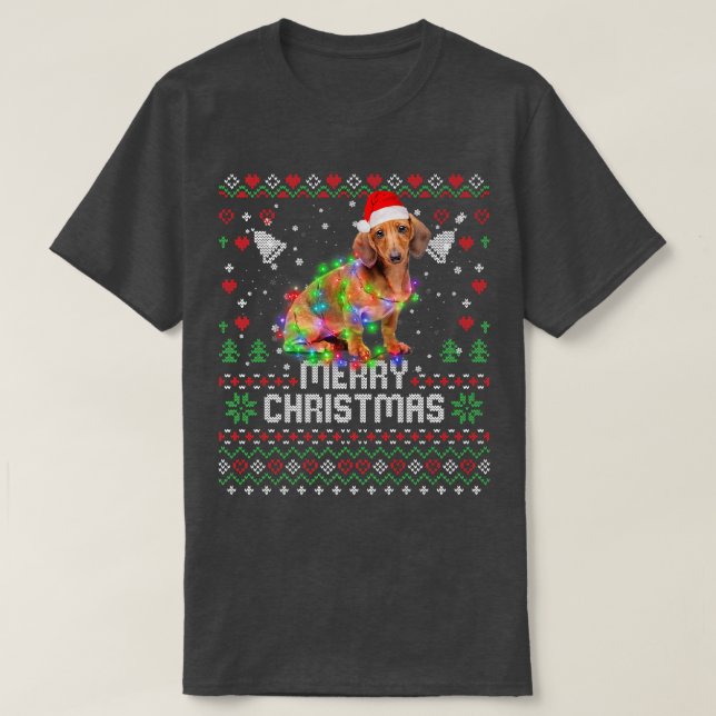 Dachshund Santa Hat Dog Christmas Tree Lights Holi T-Shirt (Design Front)