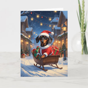 Dachshund Santa Sleigh Christmas Art Card