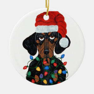 Dachshund Santa Tangled In Christmas Lights Ceramic Tree Decoration