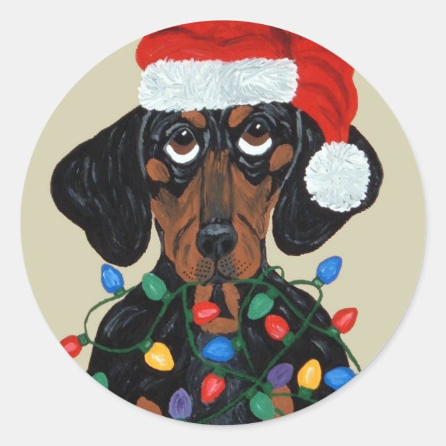 Dachshund Santa Tangled In Christmas Lights Classic Round Sticker (Front)