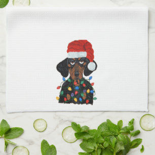 Dachshund Santa Tangled In Christmas Lights Tea Towel