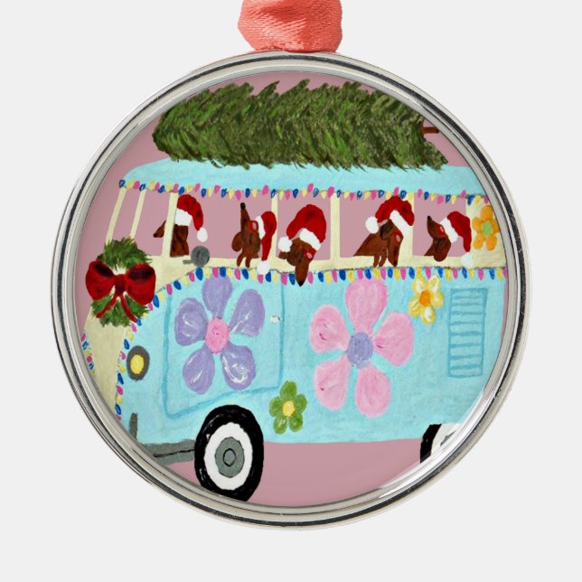 Dachshund Santas Christmas Van Metal Tree Decoration (Front)