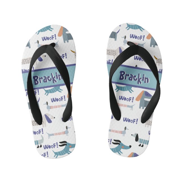Dachshund Sausage Blue Dog Woof Pattern Custom Kid's Jandals (Footbed)