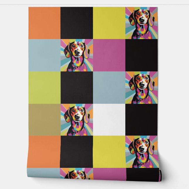 Dachshund Sausage Dog Colourful Squares Pop Art Wallpaper (Unrolling)