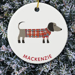 Dachshund Sausage Dog Custom Name Ceramic Tree Decoration<br><div class="desc">Cute little Dachshund sausage or wiener dog in woolly knitwear. Perfect for dog lovers and dog walkers.  Original art by Nic Squirrell.  Change the name to personalise.</div>