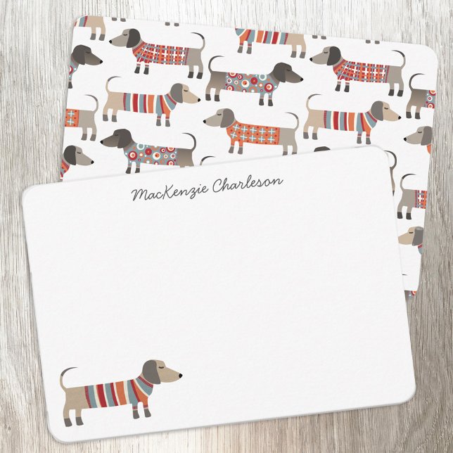 Dachshund Sausage Dog Personalised Stationery Card (Dachshund Wiener Sausage Dog personalized modern script custom name note card)