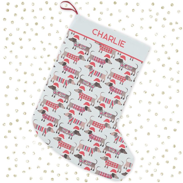 Dachshund Sausage Dogs Christmas Hats Personalised Small Christmas Stocking (Fun dachshund wiener sausage dogs in Santa Hats pattern personalized Christmas stocking)