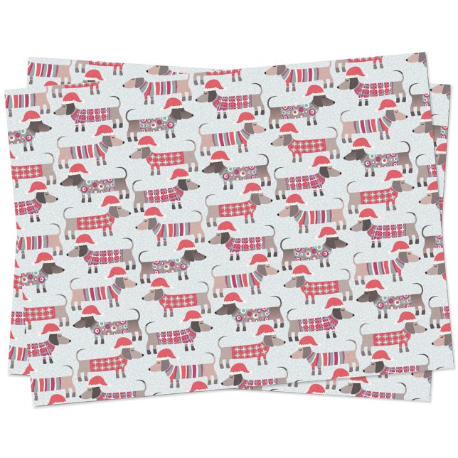 Dachshund Sausage Dogs in Christmas Hats and Knits Tissue Paper (Fun Christmas Dachshund Wiener Sausage dog pattern holiday tissue paper)