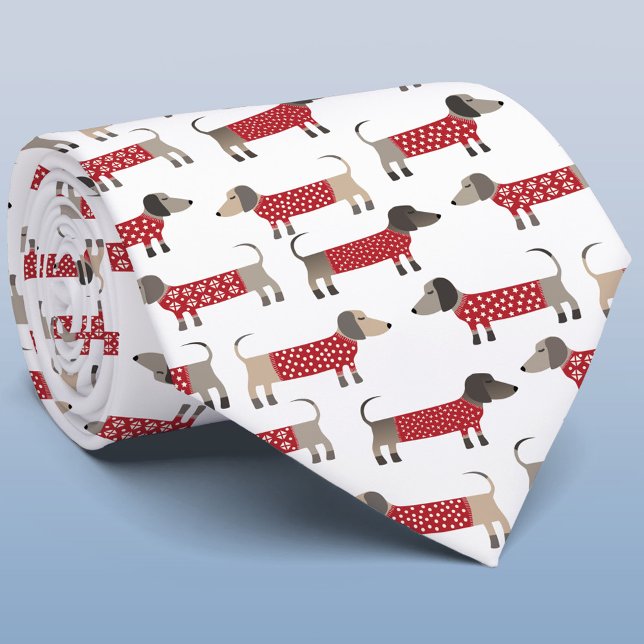 Dachshund Sausage Wiener Dog Holiday Tie (Festive Dachshund Sausage Wiener Dogs in red and white knitwear on a tie )